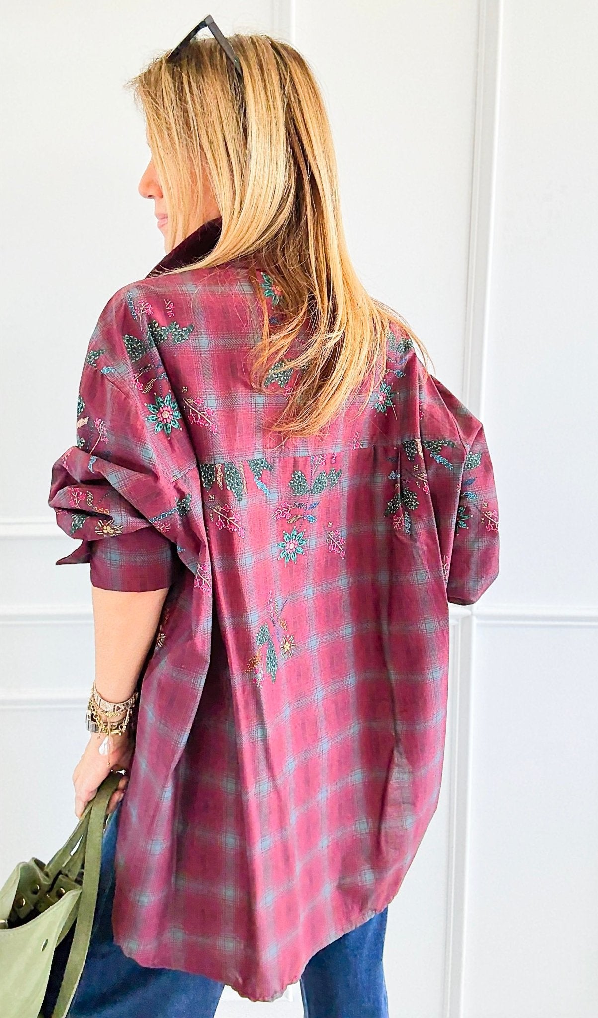 Plaid Blossom Italian Button-Down Top- Wine-110 Long Sleeve Tops-TATTOO Z-Coastal Bloom Boutique, find the trendiest versions of the popular styles and looks Located in Indialantic, FL
