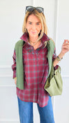 Plaid Blossom Italian Button-Down Top- Wine-110 Long Sleeve Tops-TATTOO Z-Coastal Bloom Boutique, find the trendiest versions of the popular styles and looks Located in Indialantic, FL