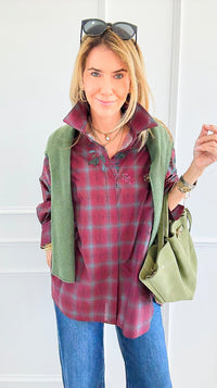 Plaid Blossom Italian Button-Down Top- Wine-110 Long Sleeve Tops-TATTOO Z-Coastal Bloom Boutique, find the trendiest versions of the popular styles and looks Located in Indialantic, FL