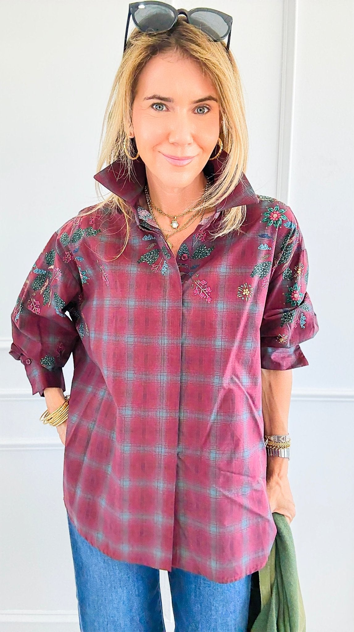 Plaid Blossom Italian Button-Down Top- Wine-110 Long Sleeve Tops-TATTOO Z-Coastal Bloom Boutique, find the trendiest versions of the popular styles and looks Located in Indialantic, FL