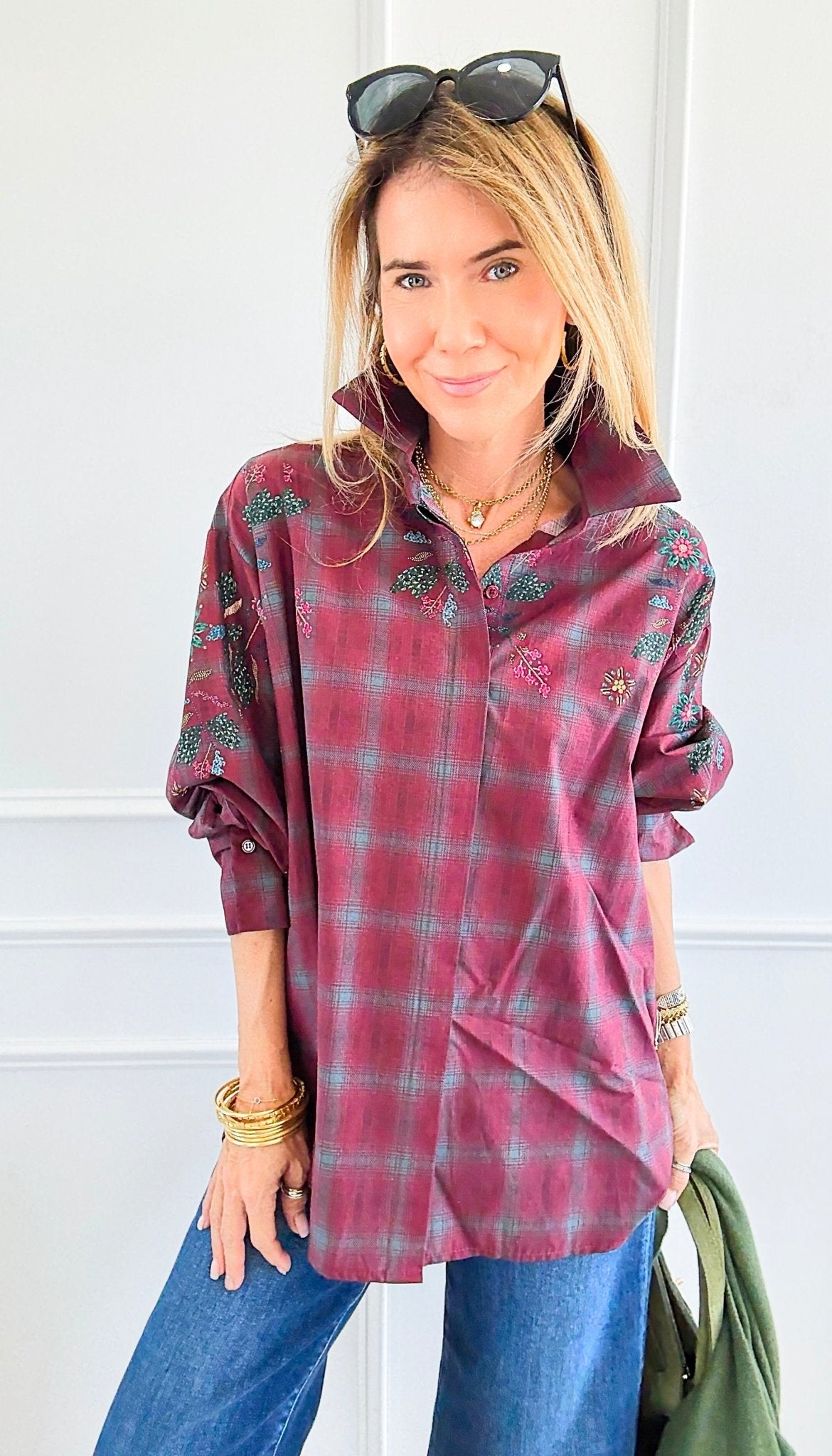 Plaid Blossom Italian Button-Down Top- Wine-110 Long Sleeve Tops-TATTOO Z-Coastal Bloom Boutique, find the trendiest versions of the popular styles and looks Located in Indialantic, FL