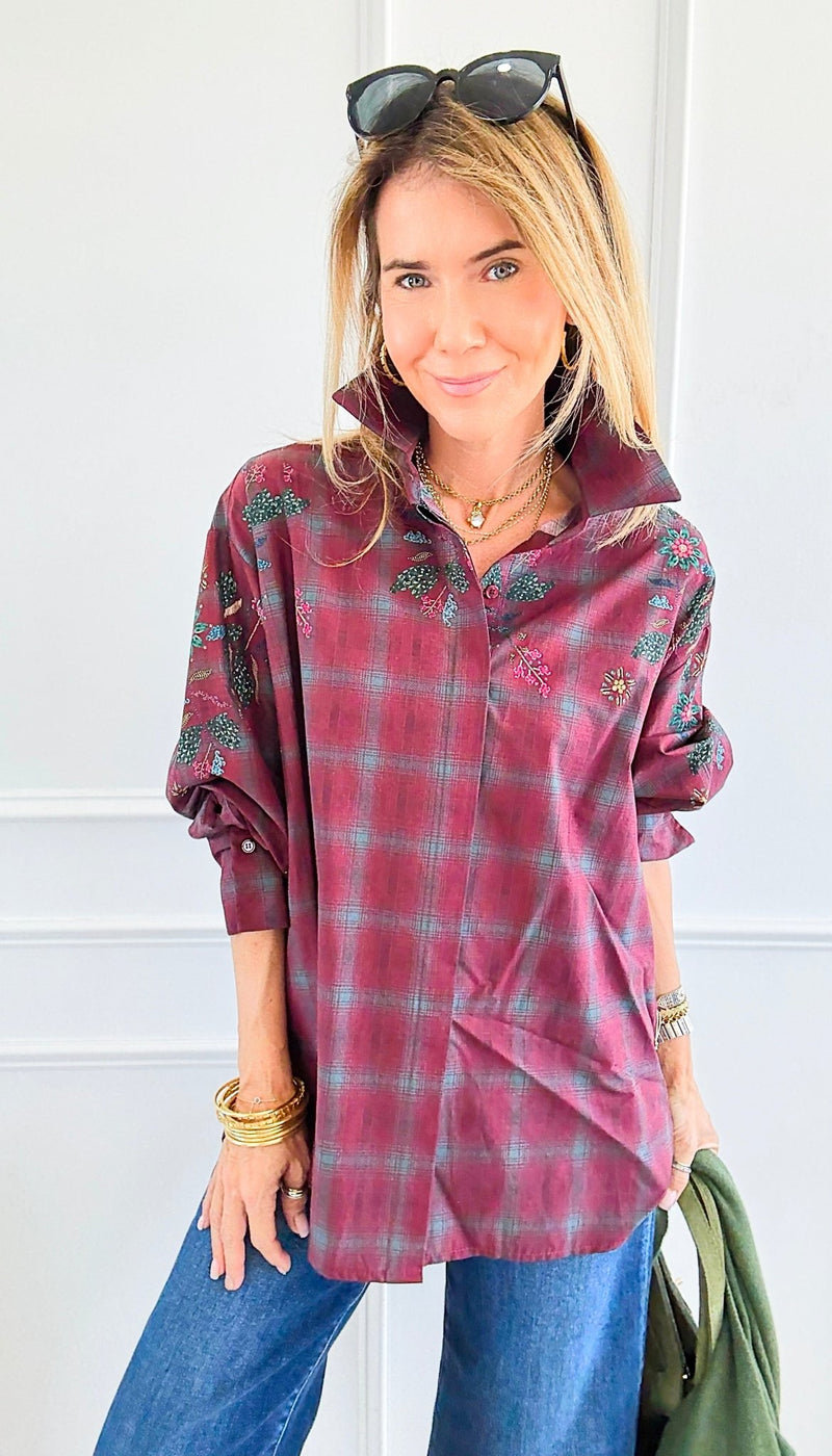 Plaid Blossom Italian Button-Down Top- Wine-110 Long Sleeve Tops-TATTOO Z-Coastal Bloom Boutique, find the trendiest versions of the popular styles and looks Located in Indialantic, FL