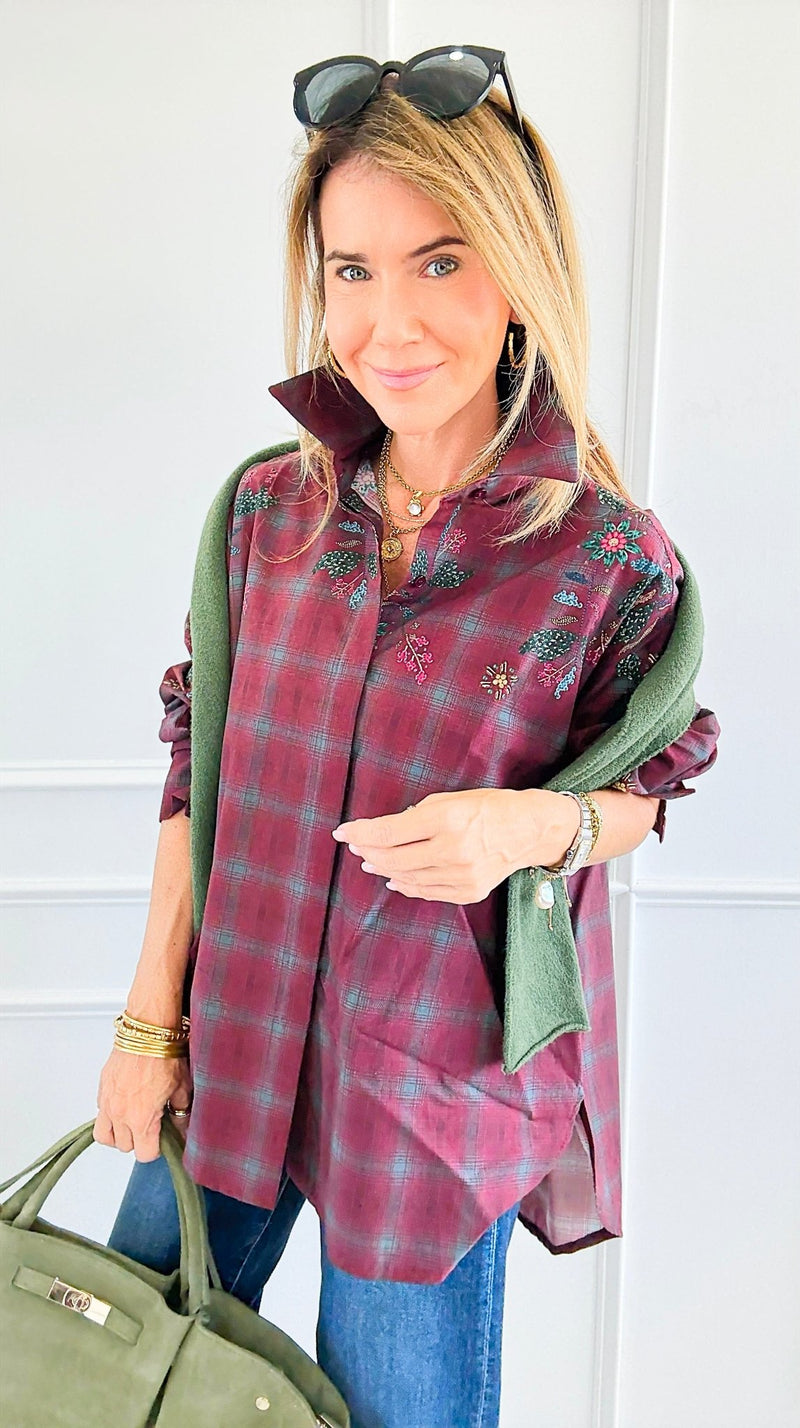 Plaid Blossom Italian Button-Down Top- Wine-110 Long Sleeve Tops-TATTOO Z-Coastal Bloom Boutique, find the trendiest versions of the popular styles and looks Located in Indialantic, FL