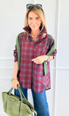 Plaid Blossom Italian Button-Down Top- Wine-110 Long Sleeve Tops-TATTOO Z-Coastal Bloom Boutique, find the trendiest versions of the popular styles and looks Located in Indialantic, FL