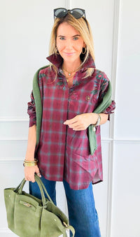 Plaid Blossom Italian Button-Down Top- Wine-110 Long Sleeve Tops-TATTOO Z-Coastal Bloom Boutique, find the trendiest versions of the popular styles and looks Located in Indialantic, FL