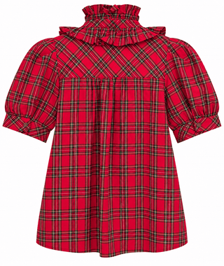 Plaid Bow Neck Puff Sleeve Blouse - Red