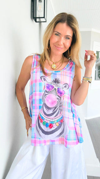 Plaid Bubblegum Zebra Sleeveless Italian Tank