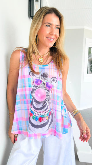 Plaid Bubblegum Zebra Sleeveless Italian Tank