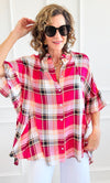 Plaid Ruffled Button-Up Tunic-110 Short Sleeve Tops-Rousseau-Coastal Bloom Boutique, find the trendiest versions of the popular styles and looks Located in Indialantic, FL