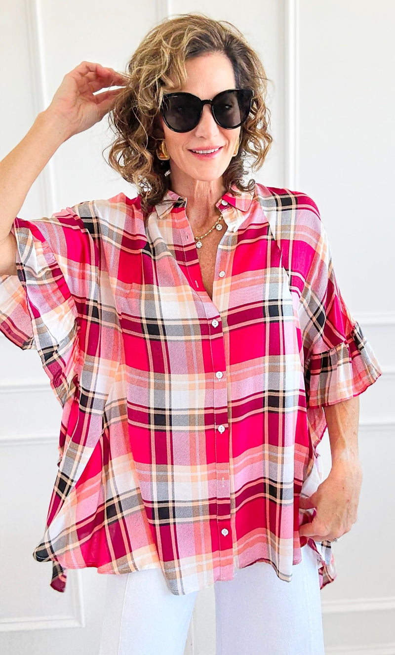 Plaid Ruffled Button-Up Tunic-110 Short Sleeve Tops-Rousseau-Coastal Bloom Boutique, find the trendiest versions of the popular styles and looks Located in Indialantic, FL