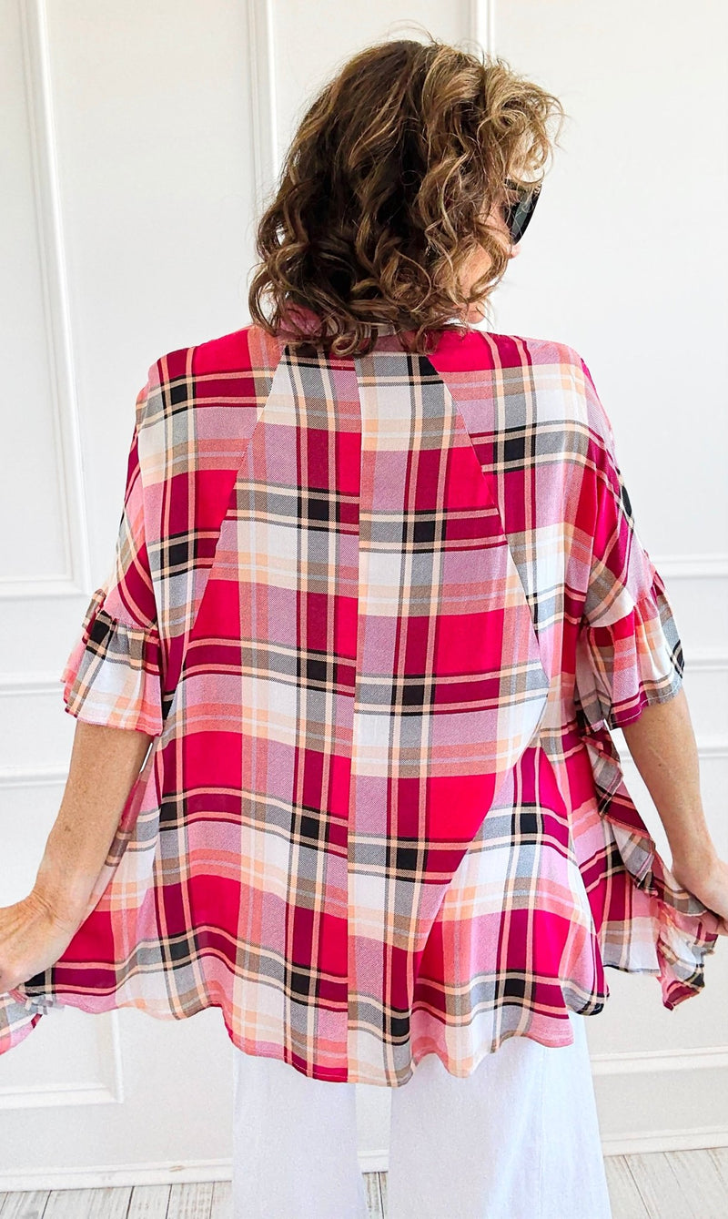 Plaid Ruffled Button-Up Tunic-110 Short Sleeve Tops-Rousseau-Coastal Bloom Boutique, find the trendiest versions of the popular styles and looks Located in Indialantic, FL