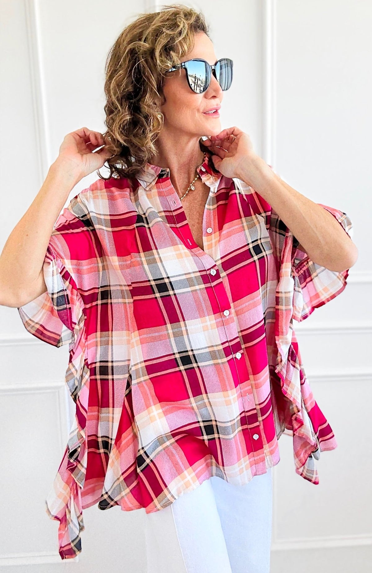 Plaid Ruffled Button-Up Tunic-110 Short Sleeve Tops-Rousseau-Coastal Bloom Boutique, find the trendiest versions of the popular styles and looks Located in Indialantic, FL