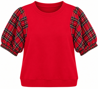 Plaid Sleeve Knit Top