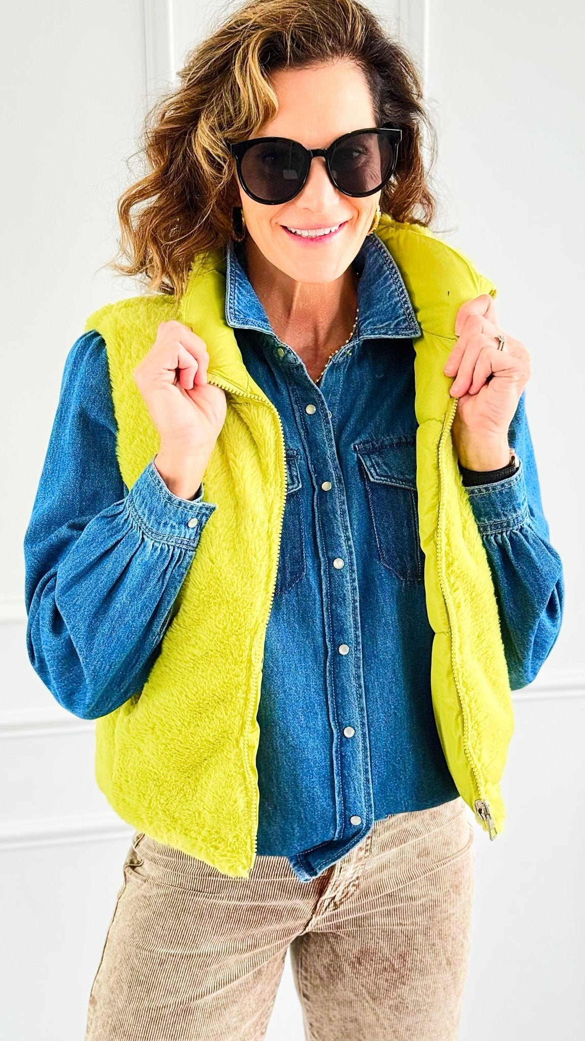 Playful Plush Reversible Zip Vest - Chartreuse-160 Jackets-IRIS-Coastal Bloom Boutique, find the trendiest versions of the popular styles and looks Located in Indialantic, FL