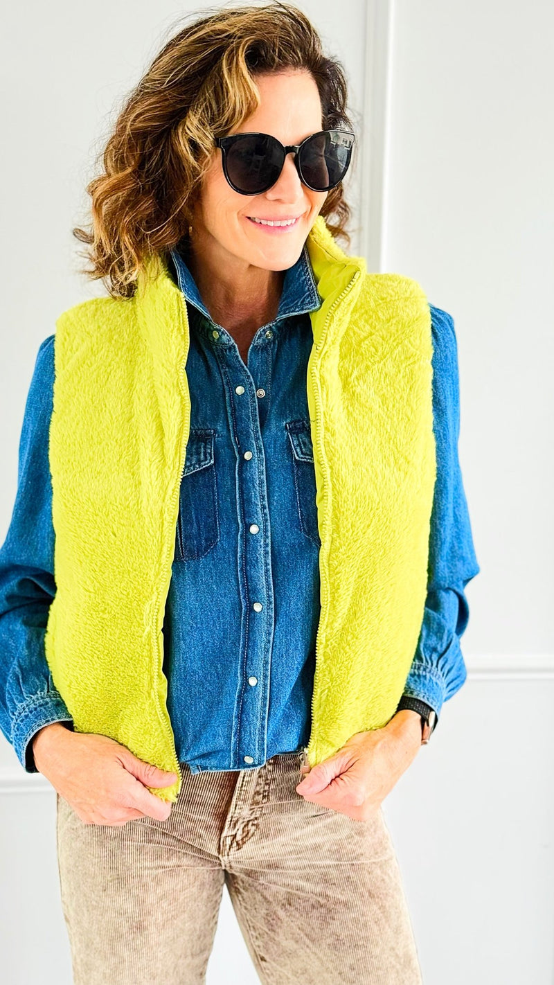 Playful Plush Reversible Zip Vest - Chartreuse-160 Jackets-IRIS-Coastal Bloom Boutique, find the trendiest versions of the popular styles and looks Located in Indialantic, FL