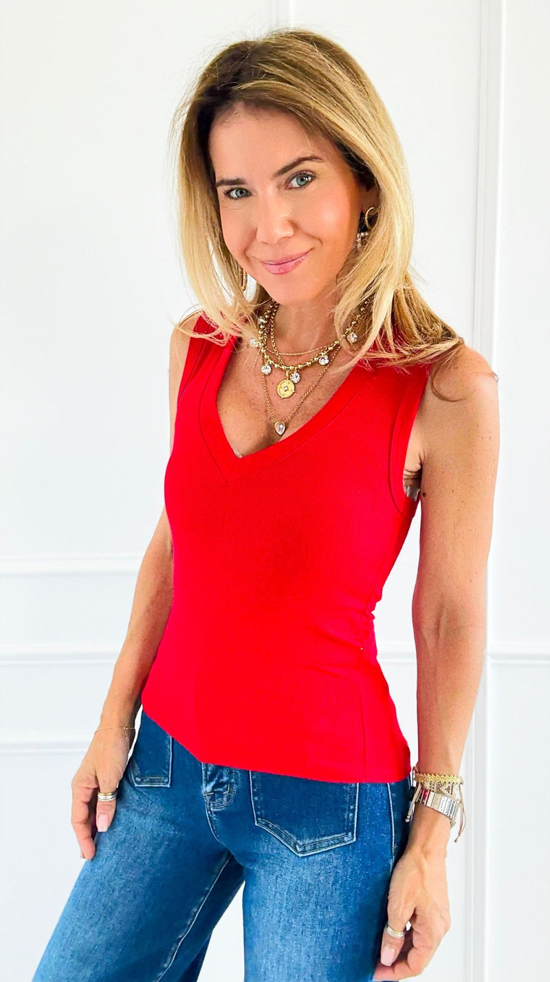 Plunge V-Neck Tank Top-Cherry-100 Sleeveless Tops-EC COLLECTION INC-Coastal Bloom Boutique, find the trendiest versions of the popular styles and looks Located in Indialantic, FL