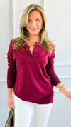 Polished Collar Knit Polo Top - Burgundy-130 Long Sleeve Tops-ROUSSEAU-Coastal Bloom Boutique, find the trendiest versions of the popular styles and looks Located in Indialantic, FL