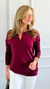 Polished Collar Knit Polo Top - Burgundy-130 Long Sleeve Tops-ROUSSEAU-Coastal Bloom Boutique, find the trendiest versions of the popular styles and looks Located in Indialantic, FL