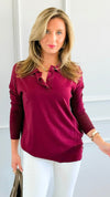 Polished Collar Knit Polo Top - Burgundy-130 Long Sleeve Tops-ROUSSEAU-Coastal Bloom Boutique, find the trendiest versions of the popular styles and looks Located in Indialantic, FL