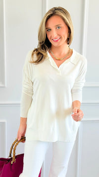 Polished Collar Knit Polo Top - Ivory-130 Long Sleeve Tops-ROUSSEAU-Coastal Bloom Boutique, find the trendiest versions of the popular styles and looks Located in Indialantic, FL