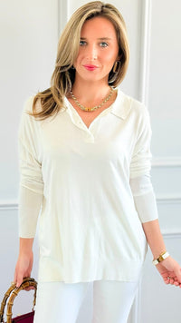 Polished Collar Knit Polo Top - Ivory-130 Long Sleeve Tops-ROUSSEAU-Coastal Bloom Boutique, find the trendiest versions of the popular styles and looks Located in Indialantic, FL