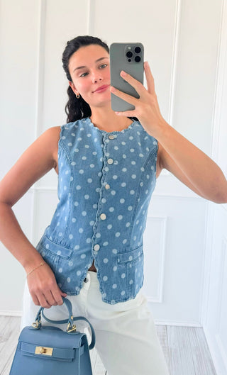 Polka Dot Scalloped Denim Top