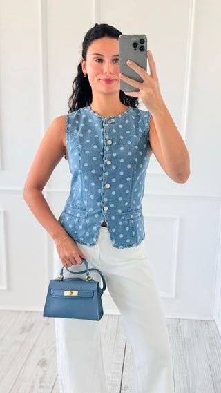 Polka Dot Scalloped Denim Top