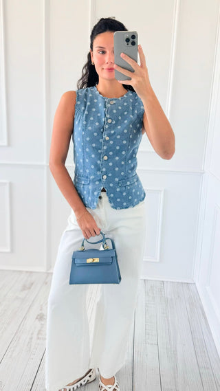 Polka Dot Scalloped Denim Top