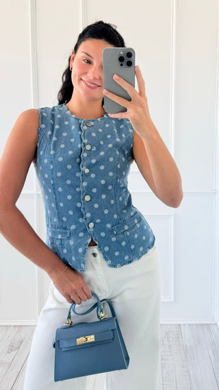 Polka Dot Scalloped Denim Top