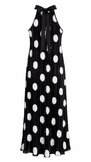 Polka Dots Pleated Sleeveless Italian Dress- Black