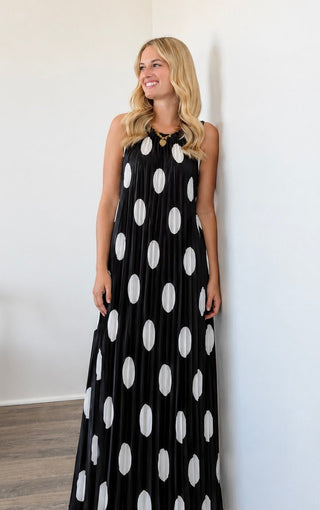 Polka Dots Pleated Sleeveless Italian Dress- Black