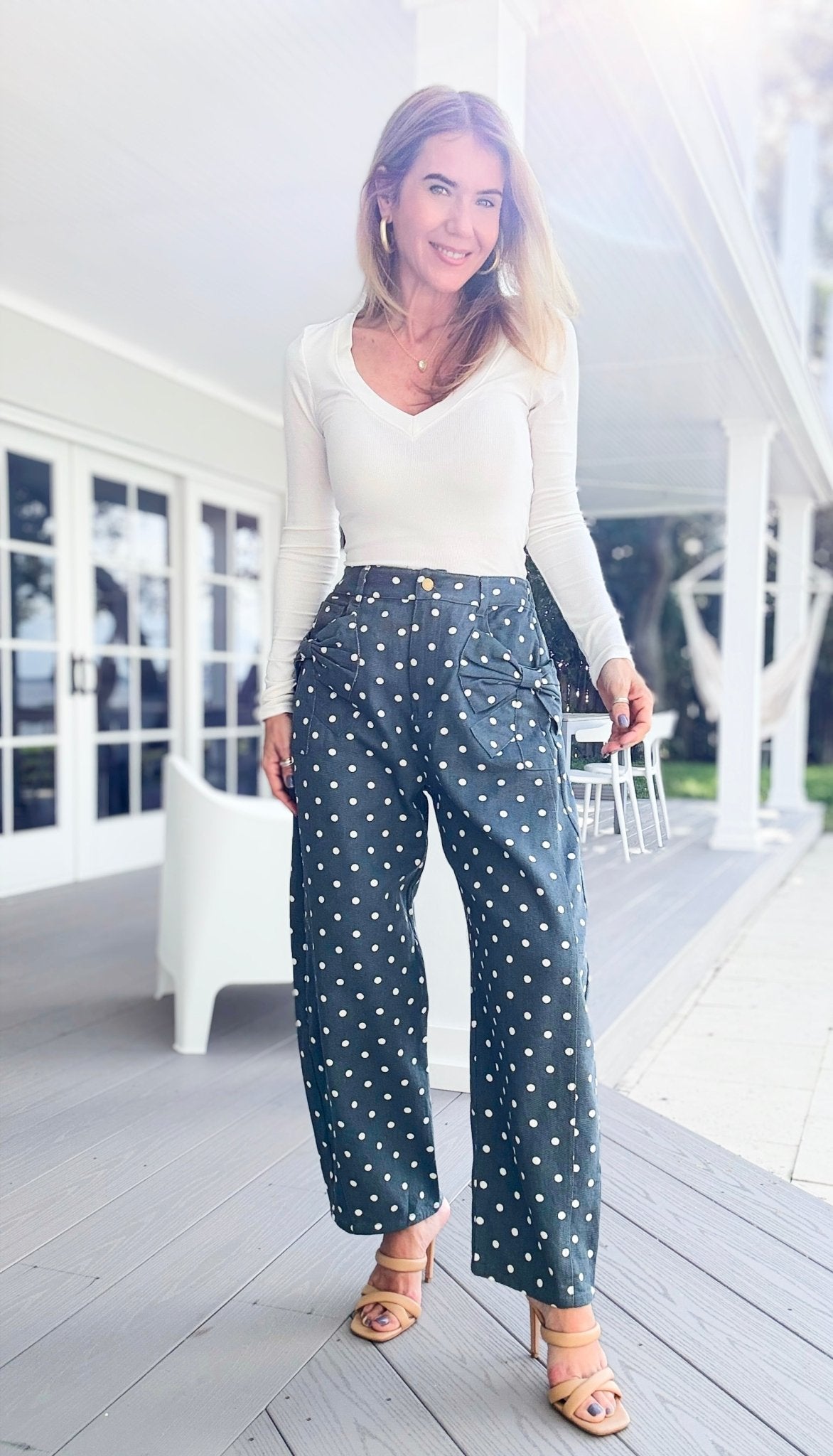 Polka Muse Bow Denim Pants-170 Bottoms-oddi-Coastal Bloom Boutique, find the trendiest versions of the popular styles and looks Located in Indialantic, FL