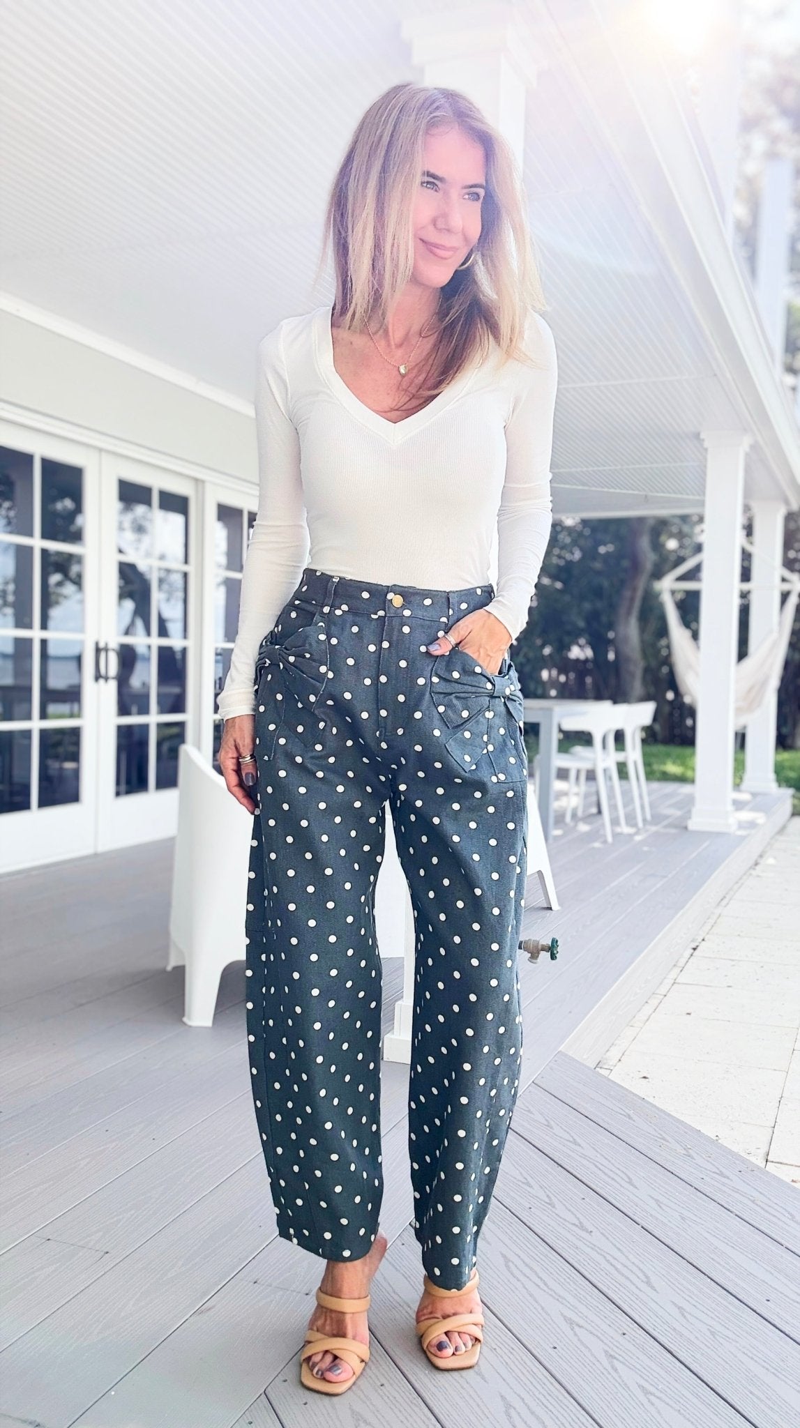 Polka Muse Bow Denim Pants-170 Bottoms-oddi-Coastal Bloom Boutique, find the trendiest versions of the popular styles and looks Located in Indialantic, FL