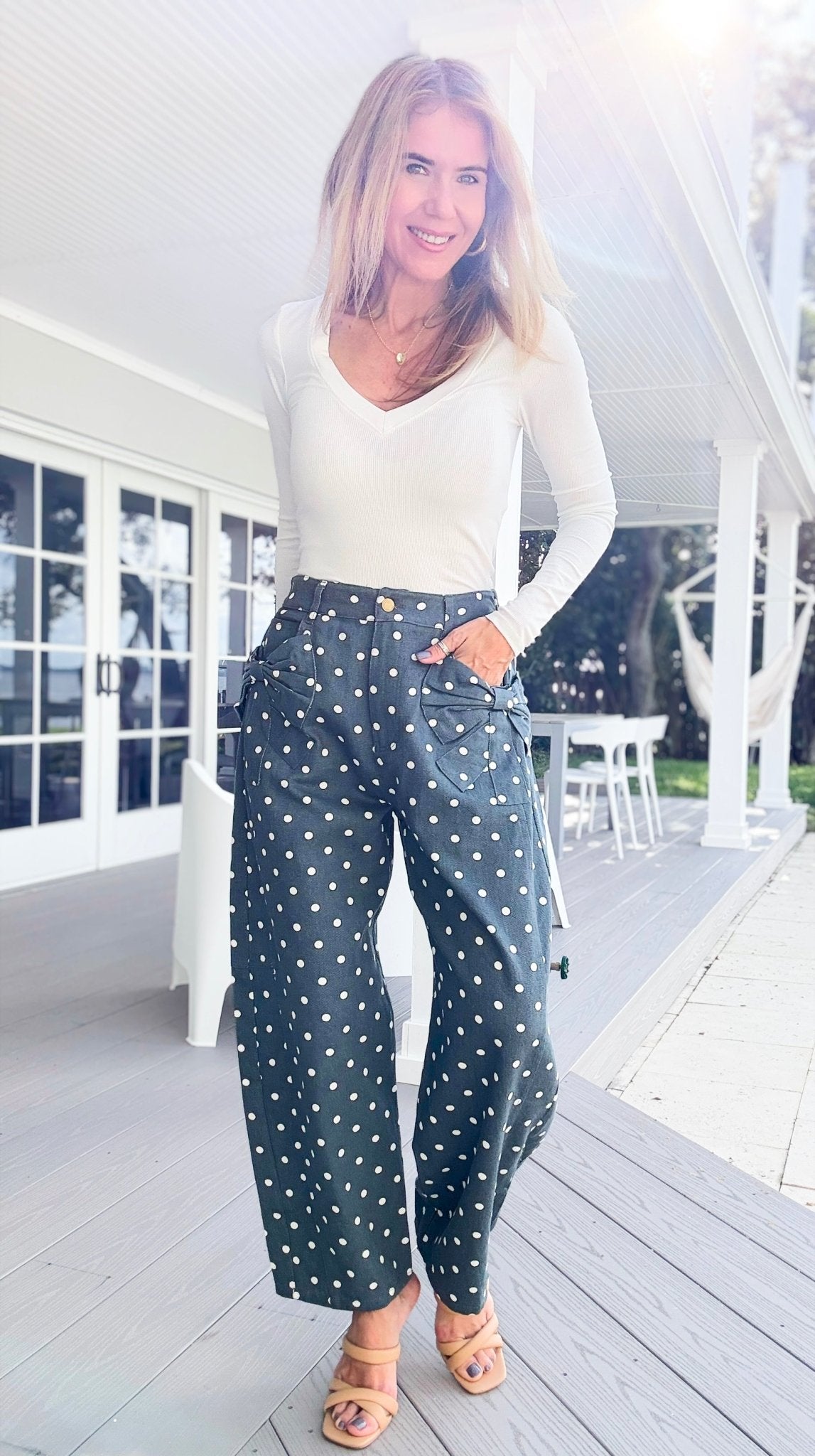 Polka Muse Bow Denim Pants-170 Bottoms-oddi-Coastal Bloom Boutique, find the trendiest versions of the popular styles and looks Located in Indialantic, FL