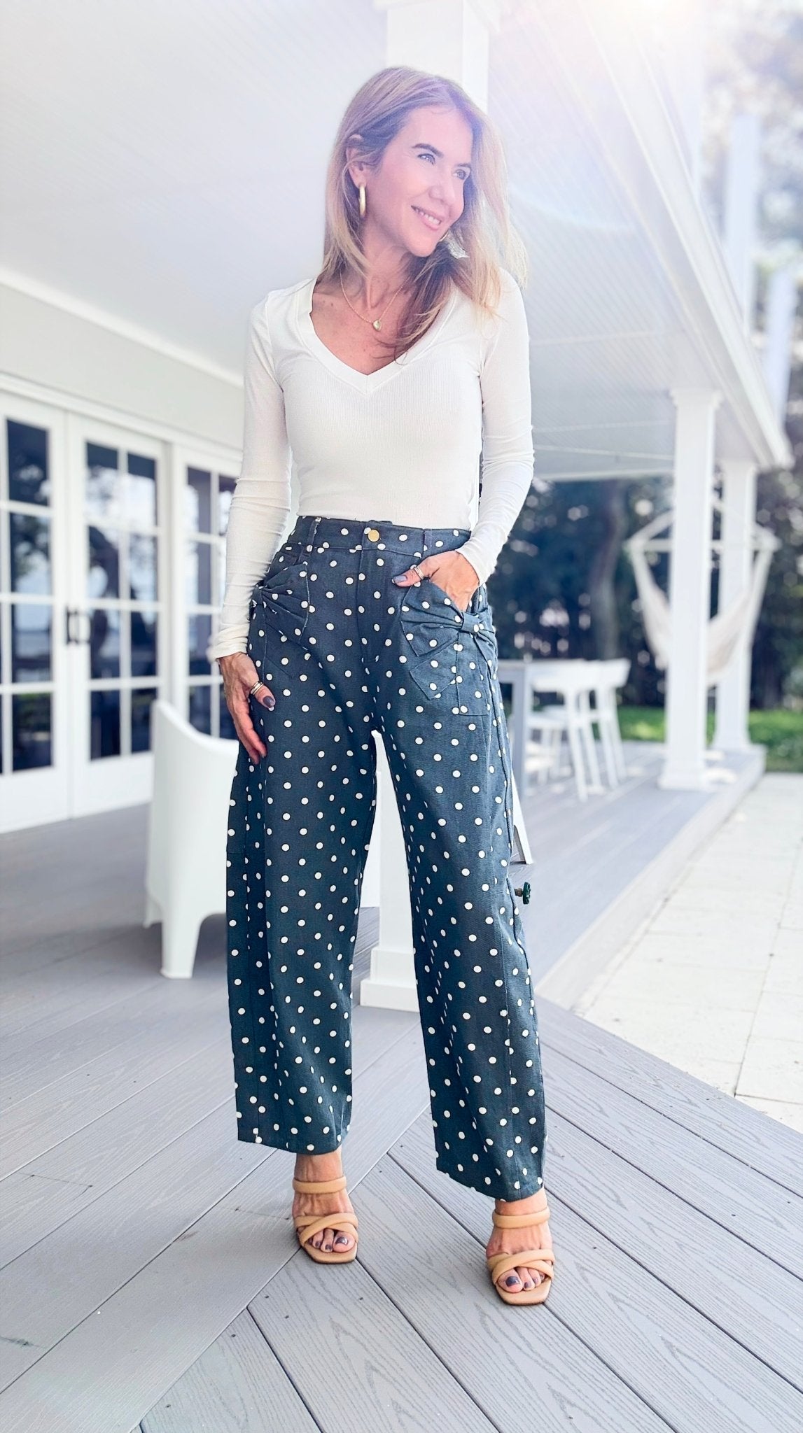 Polka Muse Bow Denim Pants-170 Bottoms-oddi-Coastal Bloom Boutique, find the trendiest versions of the popular styles and looks Located in Indialantic, FL