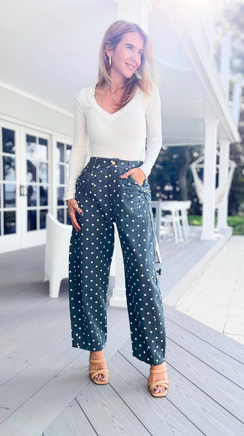 Polka Muse Bow Denim Pants-170 Bottoms-oddi-Coastal Bloom Boutique, find the trendiest versions of the popular styles and looks Located in Indialantic, FL