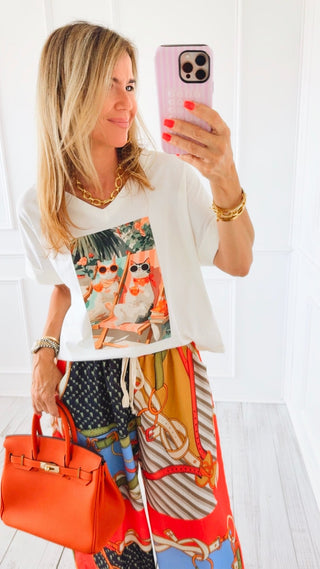 Poolside Purrfection V-Neck Italian Graphic Tee