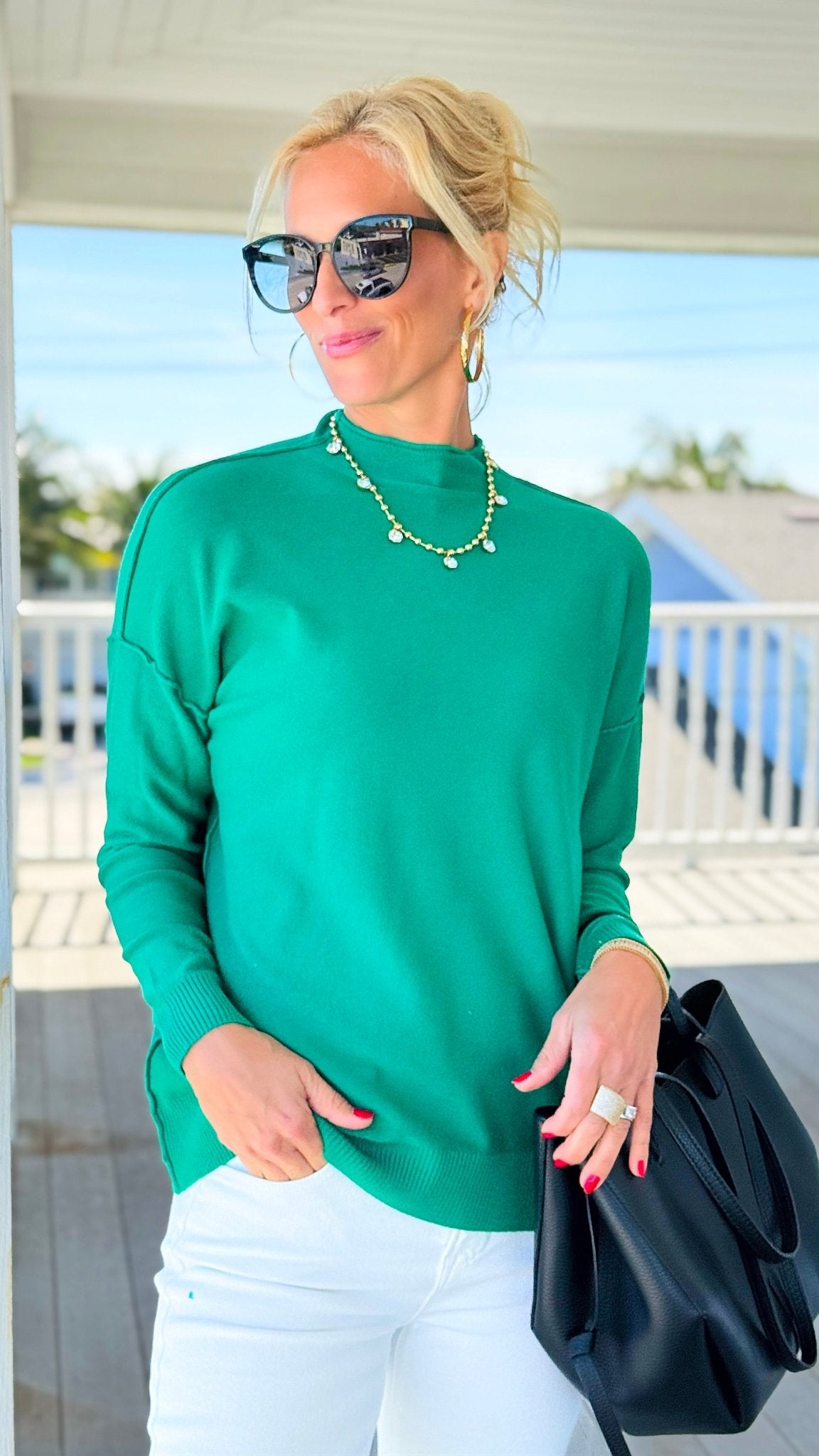 Portside Mock Neck Sweater - H. K Green-140 Sweaters-Zenana-Coastal Bloom Boutique, find the trendiest versions of the popular styles and looks Located in Indialantic, FL