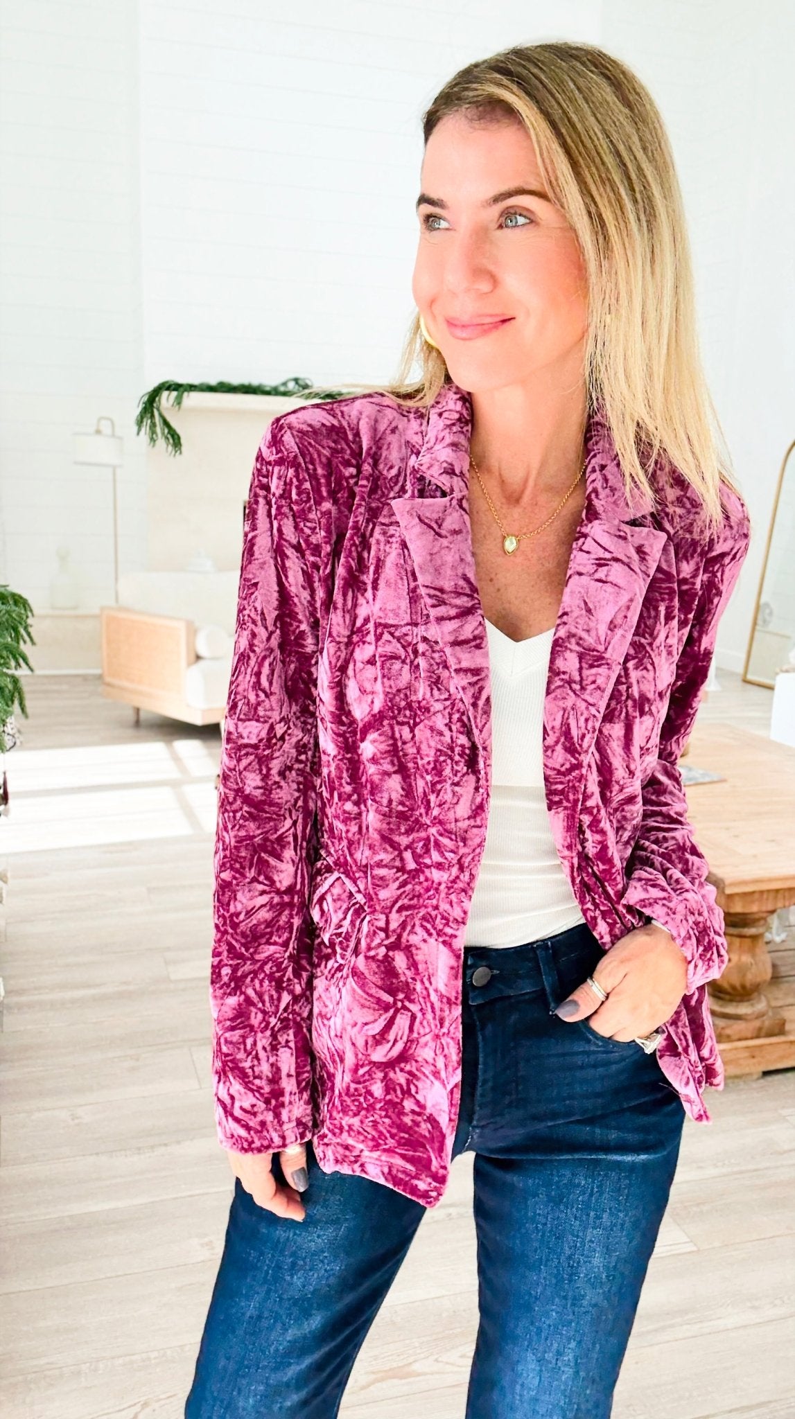 Power Move Velvet Blazer - Berry-160 Jackets-mystree-Coastal Bloom Boutique, find the trendiest versions of the popular styles and looks Located in Indialantic, FL