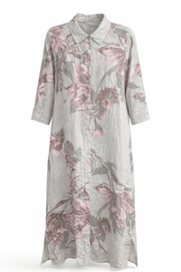 Pretty Petals Linen Italian Button Dress- Beige