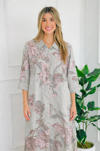 Pretty Petals Linen Italian Button Dress- Beige