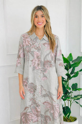 Pretty Petals Linen Italian Button Dress- Beige