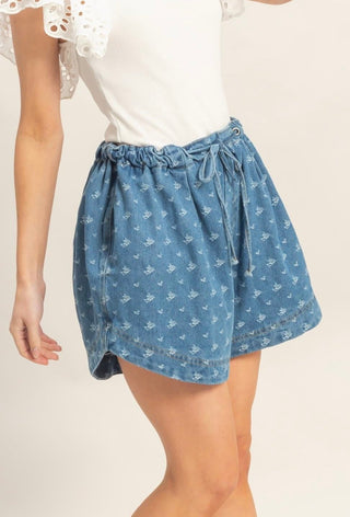 Printed Denim Pull-On Shorts
