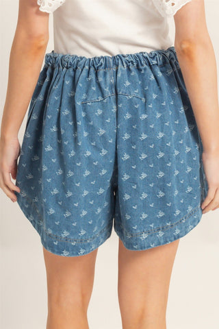 Printed Denim Pull-On Shorts