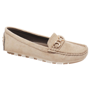 A light beige suede driving loafer with a gold-tone horsebit detail on the vamp, shown from a side profile against a white background.