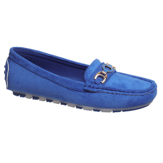 A single blue suede loafer with a gold-tone horsebit detail on the vamp, shown from a side profile against a white background.