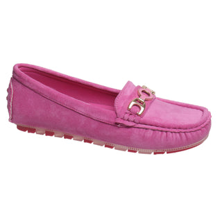 A single pink suede driving loafer with a metallic horsebit detail on the strap, shown from a side profile against a white background.