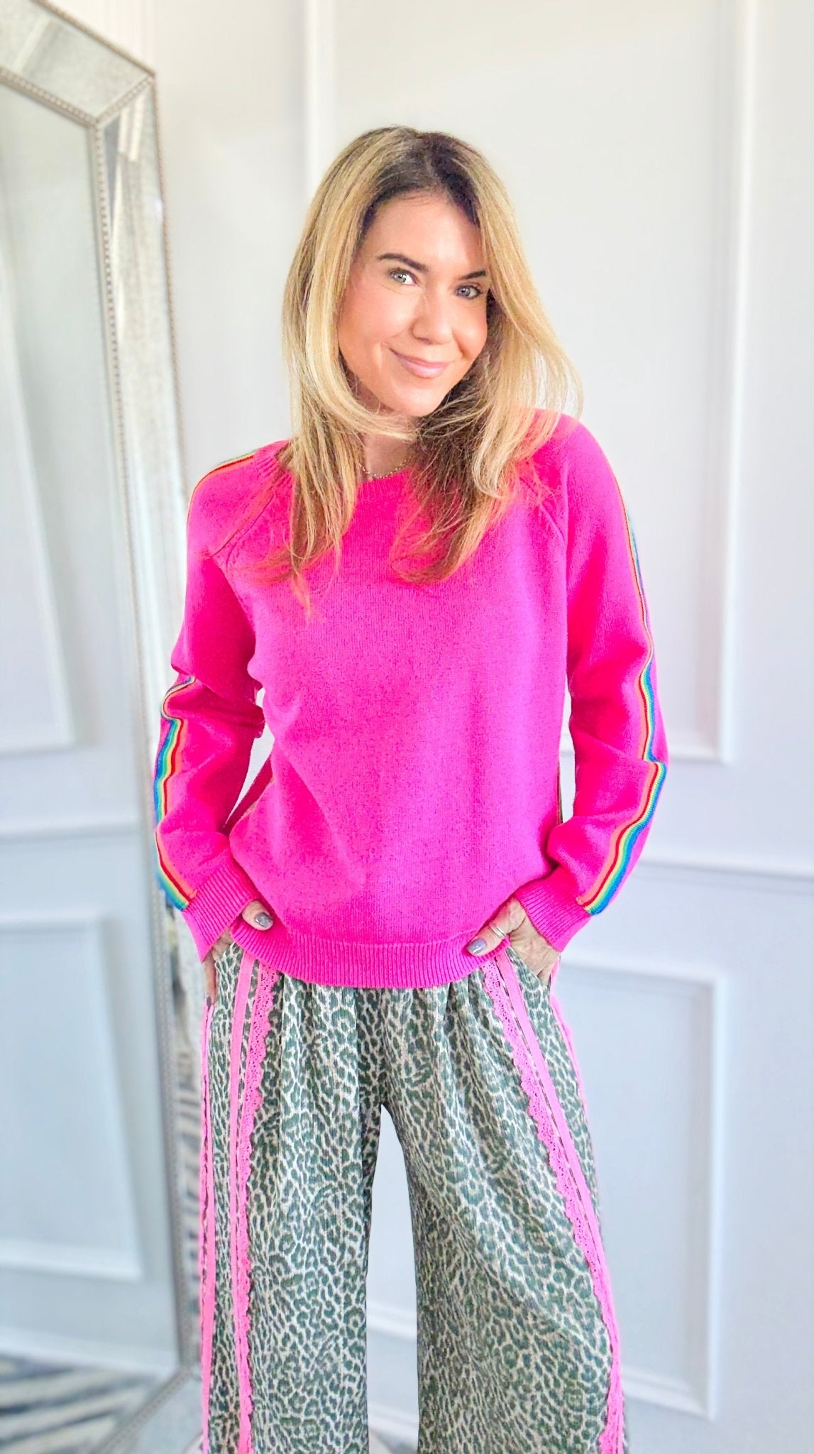 Rainbow Pop Knit Sweater - Fuchsia-140 Sweaters-JODIFL-Coastal Bloom Boutique, find the trendiest versions of the popular styles and looks Located in Indialantic, FL