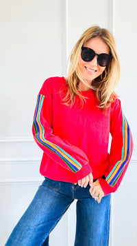 Rainbow Sleeve Statement Sweatshirt-110 Long Sleeve Tops-JODIFL-Coastal Bloom Boutique, find the trendiest versions of the popular styles and looks Located in Indialantic, FL