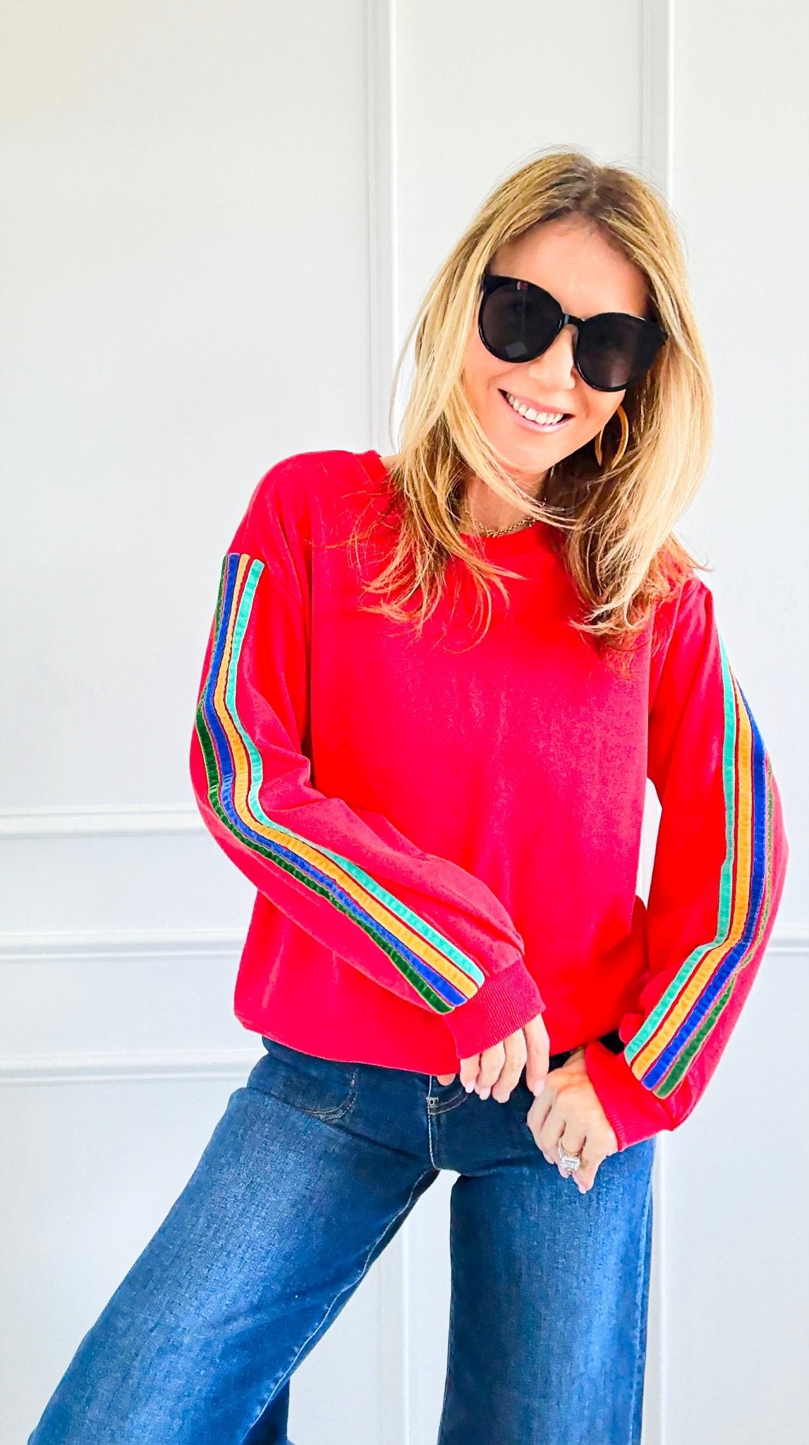Rainbow Sleeve Statement Sweatshirt-110 Long Sleeve Tops-JODIFL-Coastal Bloom Boutique, find the trendiest versions of the popular styles and looks Located in Indialantic, FL